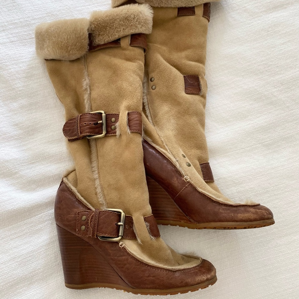Fendi Fur Lined Suede Wedge Boots